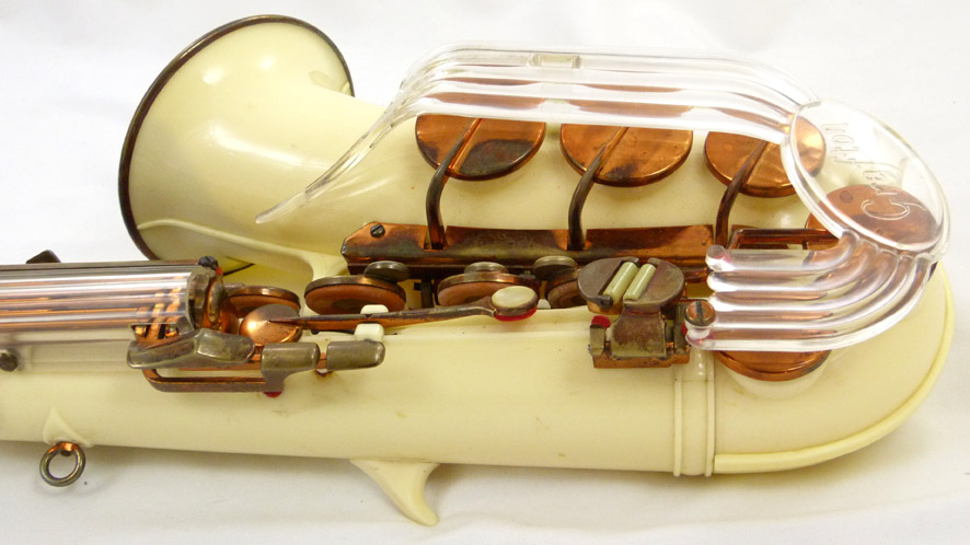 Vintage Grafton alto sax - close up of lower right side